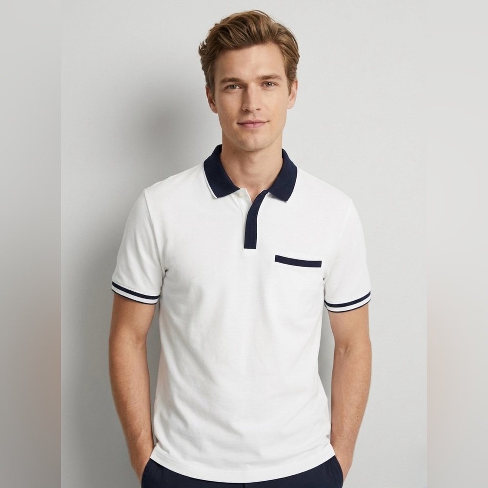 Club Monaco Men’s Tipped Piqué Polo Shirt - White/Navy - Size M